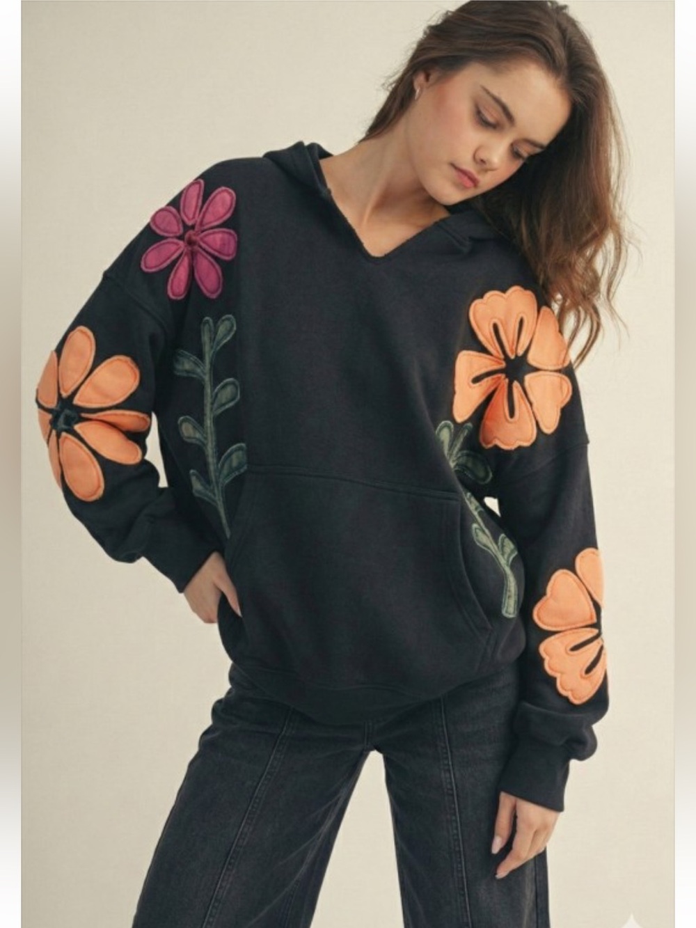 BF91-(ETA 9/22) BLACK 🖤🌸 Artisan Bloom Hoodie with Floral PatchworK